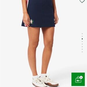 Preppy Lacoste Made in France Navy Blue Pique Mini Skirt with Red + White Stripe